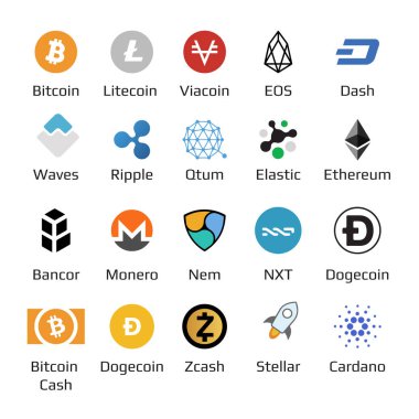 cryptocurrency logo kümesini Bitcoin, Nem, Dash, Litecoin, Monero, Ethereum, Dash dalgalanma ve diğer paralar