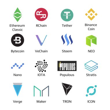 cryptocurrency logo kümesini Bitcoin, Nem, Dash, Litecoin, Monero, Ethereum, Dash dalgalanma ve diğer paralar