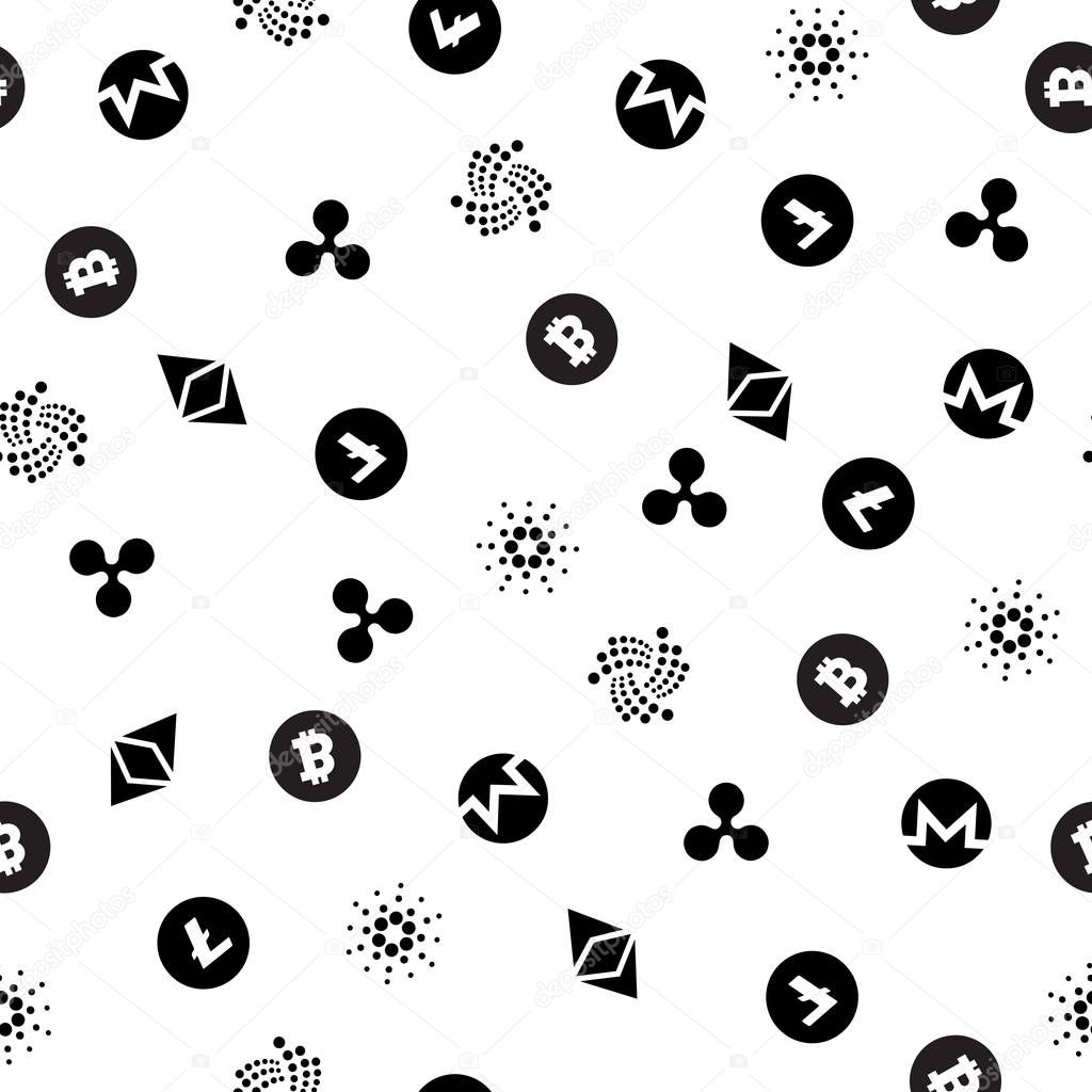 Seamless pattern with different cryptocurrency signs
