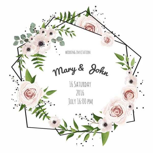 Invitation Card Floral Wreath Green Leaves Flowers — Stock Vector