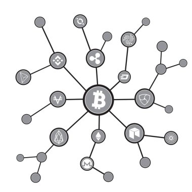 Blockchain blok cryptocurrency sembolleri beyaz arka plan üzerinde bulunan