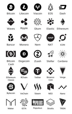 cryptocurrency logo kümesini Bitcoin, Nem, Dash, Litecoin, Monero, Ethereum, Dash dalgalanma ve diğer paralar