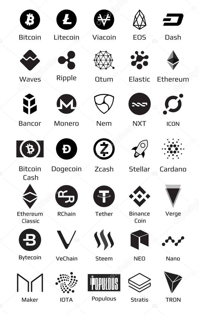 Set of cryptocurrency logo coins Bitcoin, Nem, Dash, Litecoin, Monero, Ethereum, Dash Ripple and other
