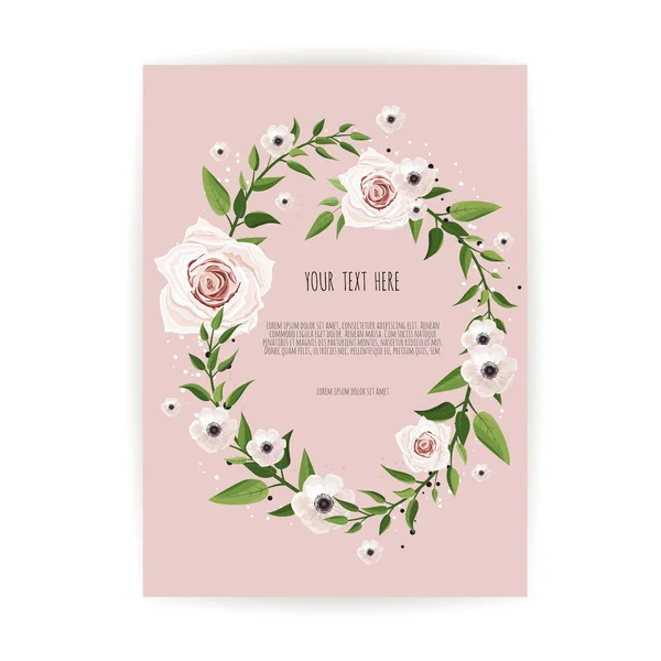 Botanic card with wild flowers, pink roses and leaves.
