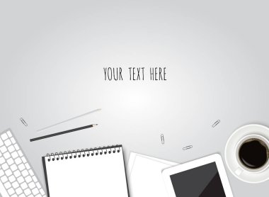 Kağıt, kalem, telefon ve kahve masada. Üstten Görünüm masaüstü. Tasarımınız için vektör şablonu.