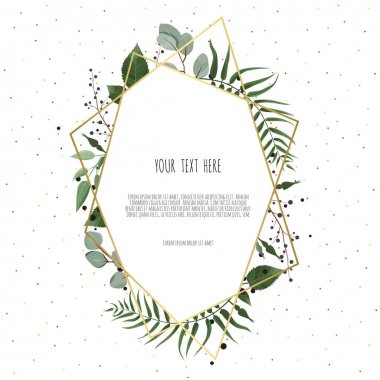 Yeşil okaliptüs yapraklı çiçek çelengi, çiçek gülü, şakayık. Kenarlığı kopyalama alanı ile çerçevele. eps10