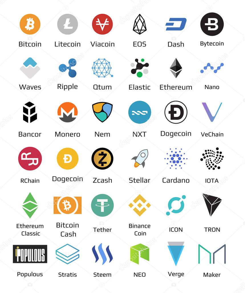 Big set of crypto currency logo coins Bitcoin, Nem, Dash, Litecoin, Monero, Ethereum, Dash Ripple and other Vector illustration