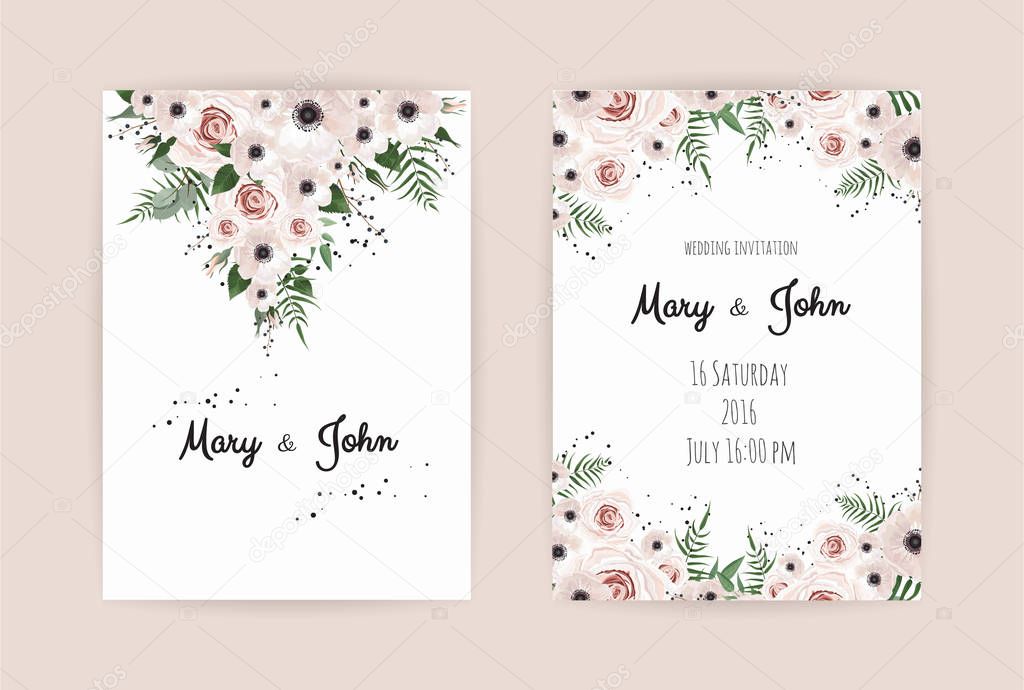 wedding invitation cards with floral elements on pink background, vector illustration