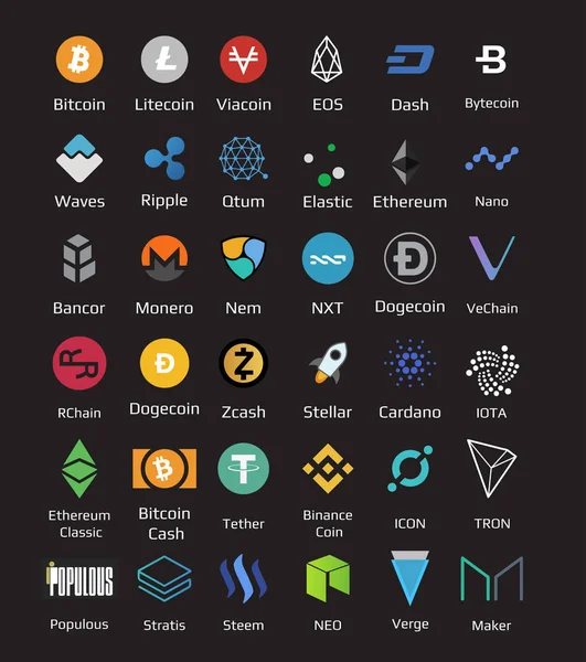 Bitcoin, Nem, Dash, Litecoin, Monero, Ethereum, Dash dalgalanma ve diğer vektör çizim Kripto para birimi logo büyük kümesi paralar