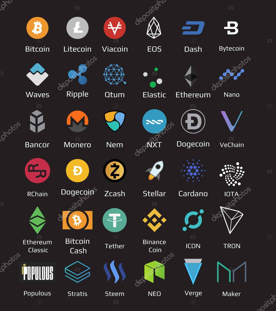 Big set of crypto currency logo coins Bitcoin, Nem, Dash, Litecoin, Monero, Ethereum, Dash Ripple and other Vector illustration