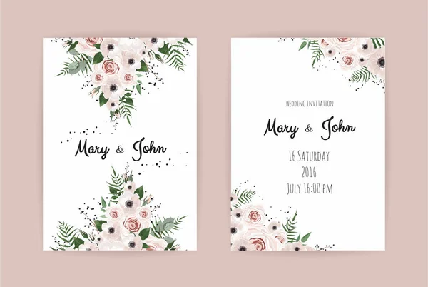 Tarjetas Invitación Boda Con Elementos Florales Sobre Fondo Rosa Ilustración — Vector de stock