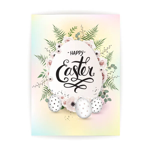 Ostern Hintergrund Vorlage Mit Schönen Bunten Frühlingsblumen Und Eiern Vektorillustration — Stockvektor