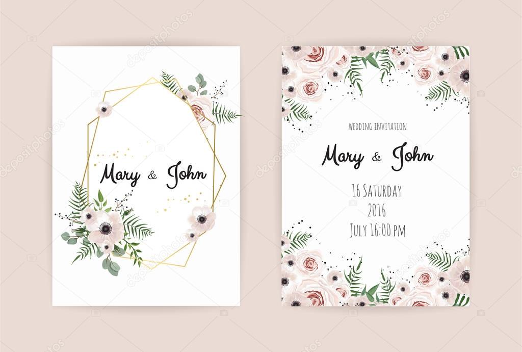 wedding invitation cards with floral elements on pink background, vector illustration