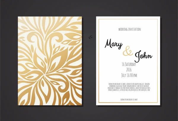 Hochzeitseinladungsvorlagen Mit Goldenem Ornament Auf Schwarzem Hintergrund Vektorillustration — Stockvektor