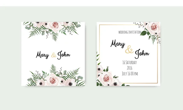 Tarjetas Invitación Boda Con Elementos Florales Sobre Fondo Verde Ilustración — Vector de stock