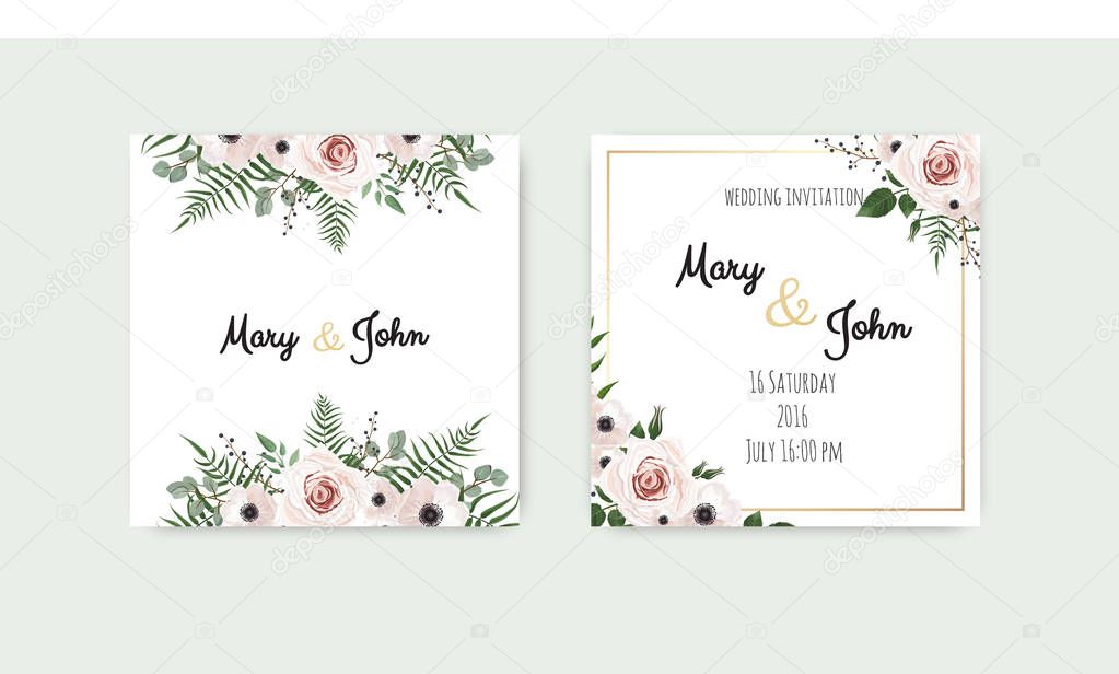 wedding invitation cards with floral elements on green background, vector illustration