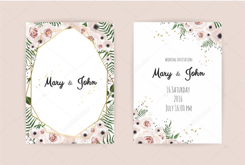 Wedding invitation cards with floral elements. Vector invitation with handmade floral elements.