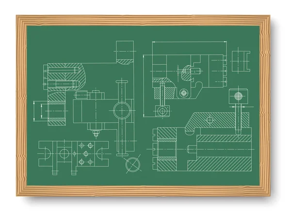 机械工程制图 工程图纸背景 板上粉笔的机构绘制 矢量插图 — 图库矢量图片