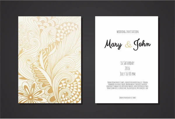 Hochzeitseinladungsvorlagen Mit Goldenem Ornament Auf Schwarzem Hintergrund Vektorillustration — Stockvektor