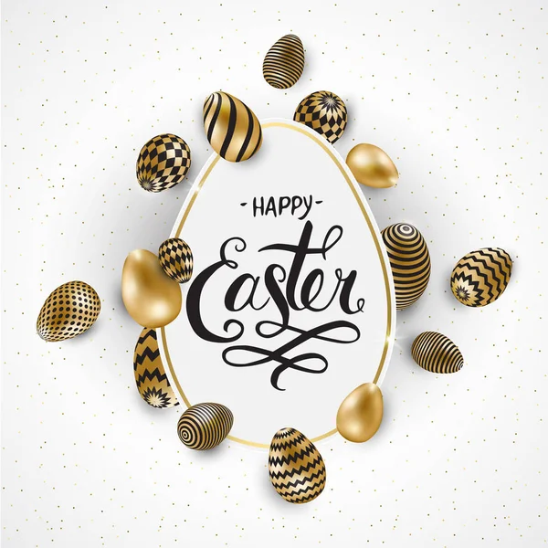 Fröhliche Ostern Schriftzug Hintergrund Mit Realistischem Goldenen Glanz Dekorierte Eier — Stockvektor