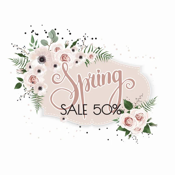 Fondo Venta Primavera Con Hermosas Flores Marco Diseño Vectorial Floral — Vector de stock