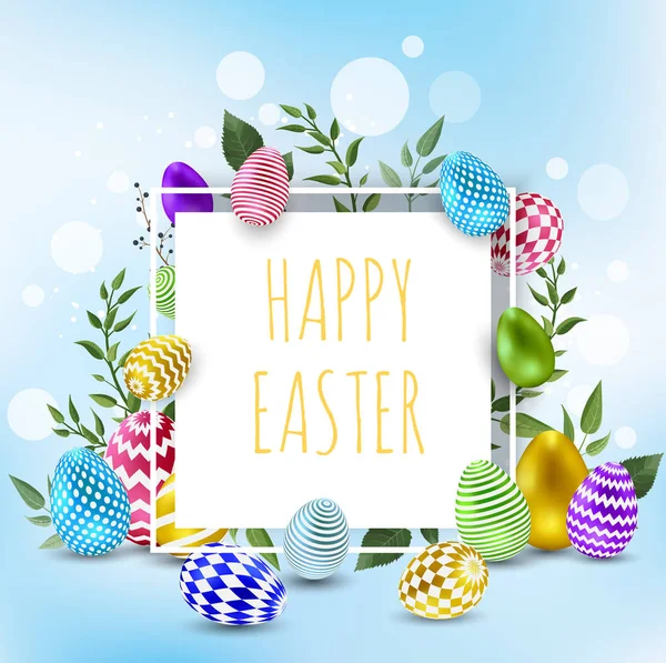 Plantilla de fondo de banner de venta de Pascua con hermosas flores de primavera coloridas y huevos. Ilustración vectorial — Vector de stock