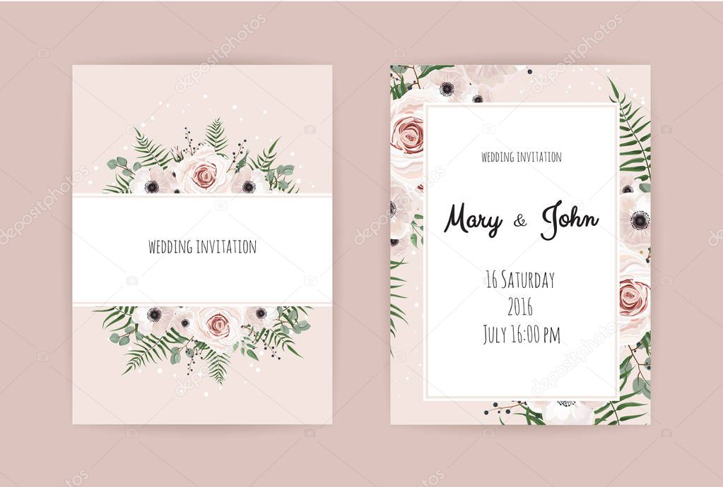 wedding invitation cards with floral elements on pink background