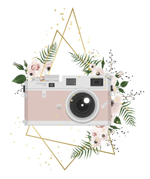 Vintage retro foto câmera em flores, folhas, galhos no fundo branco — Vetor de Stock