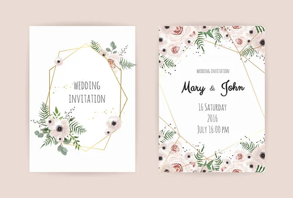 Wedding invite, invitation, design with elegant pink rose and anemone,branches leaves, cute golden geometrical pattern. Vector template set — Stock Vector