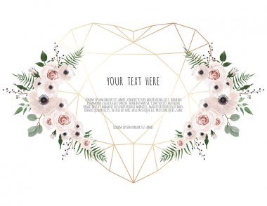 Sevgililer kartı poligonal kalp ve bahar çiçekleri eğilimleri ile beyaz arka plan üzerinde.