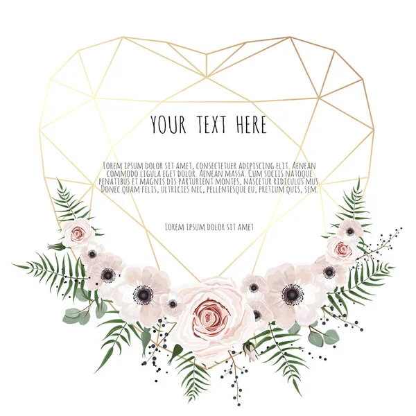 Valentinskarte auf weißem Hintergrund mit trendigen polygonalen Herzen und Frühlingsblumen — Stockvektor