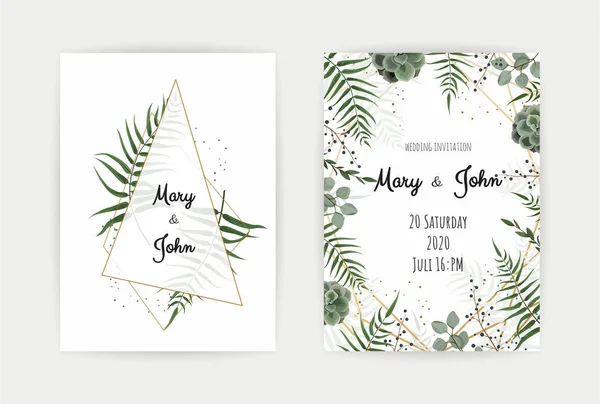 Wedding Invitation with green leaf , eucalyptus branches, decorative wreath frame pattern. Vector elegant watercolor rustic template — Stock Vector