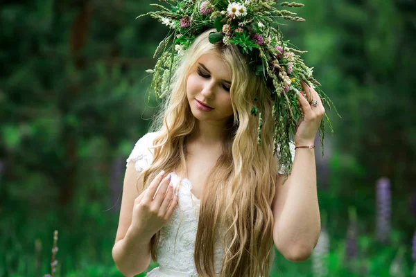 フィールドの野生の花の花輪でロマンチックな女の子 — ストック写真