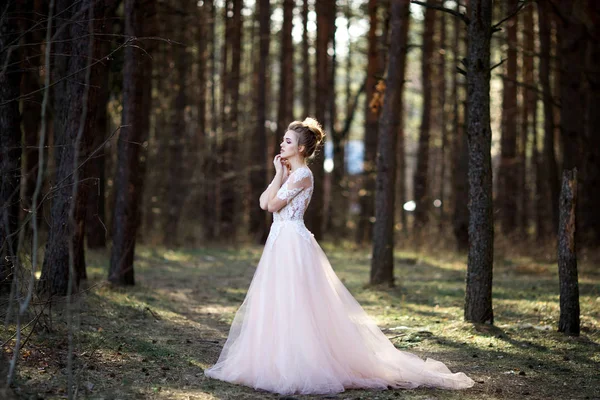 Bela Noiva Vestido Branco Noiva Está Andando Floresta — Fotografia de Stock