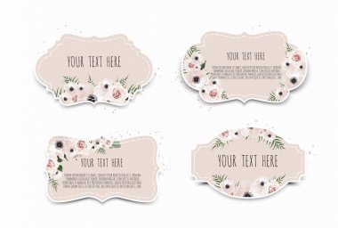 Vektör kümesi. Vintage etiketleri çiçekli. Kopya alanı ile çerçeve kenarlığı.