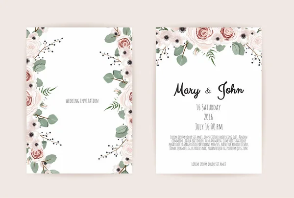 Florale Hochzeitseinladung Botanische Karte Vektor Design Garten Rosa Pfirsich Rose — Stockvektor