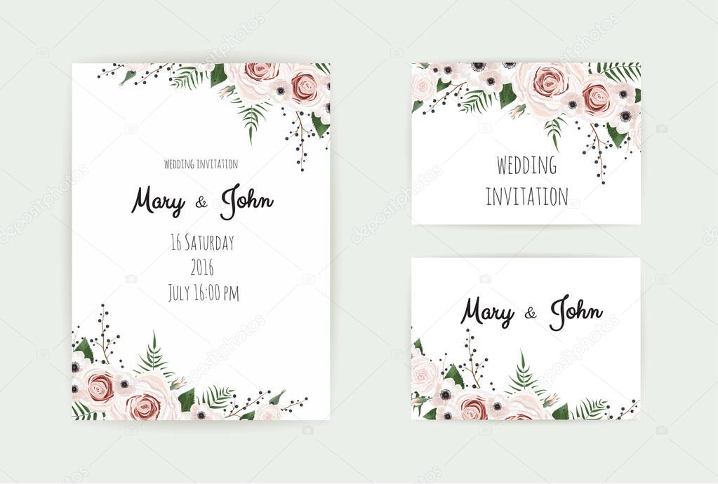 Floral Wedding Invitation. Botanical card vector Design garden pink, peach Rose flower, anemones ,green Eucalyptus, tender greenery.