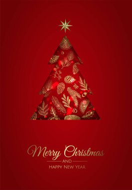 Noel ağacı süslemeleri, çam dalları, balolar, yıldızlar ve karlı Noel tebrik kartı.