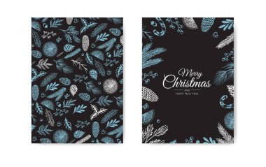 Kış bitkileriyle Noel çerçevesi. Botanik illüstrasyon.