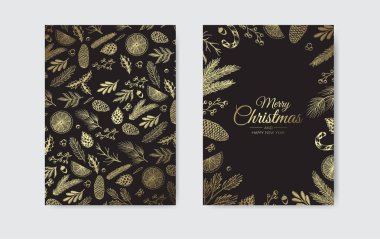 Kış bitkileriyle Noel çerçevesi. Botanik illüstrasyon.