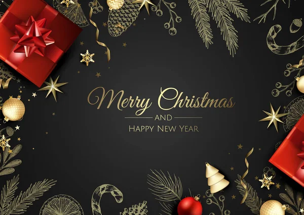 크리스마스 트리 장식, 소나무 가지, 공, 별 과 눈으로 장식된 카드. — 스톡 벡터
