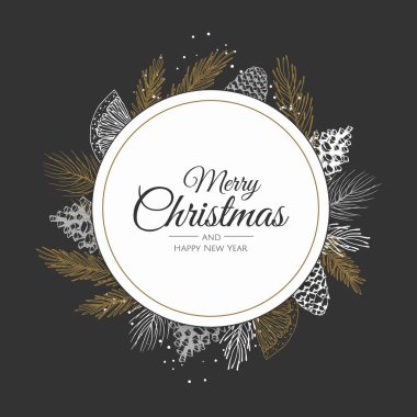 Kış bitkileriyle Noel çerçevesi. Botanik illüstrasyon.