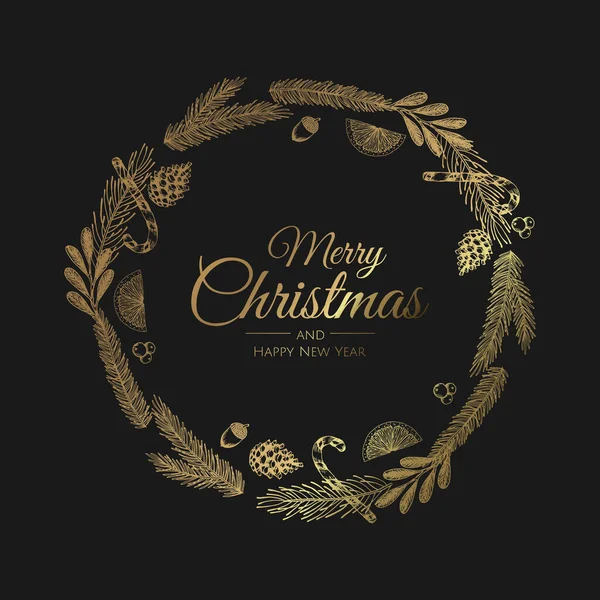 Καλά Χριστούγεννα. Χριστουγεννιάτικη ευχετήρια κάρτα με Χριστουγεννιάτικο Δέντρο Διακόσμηση, Κλαδιά πεύκου, μπάλες. — Διανυσματικό Αρχείο