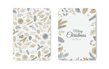 Mutlu Noeller ve mutlu yıllar. Kış bitkileriyle Noel çerçevesi.