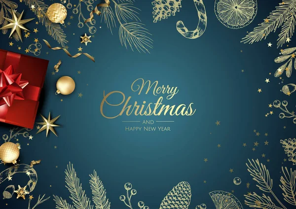 Mutlu Noeller ve mutlu yeni yıl. Xmas hediye kutusu, kar taneleri ve topları tasarımı ile arka plan.