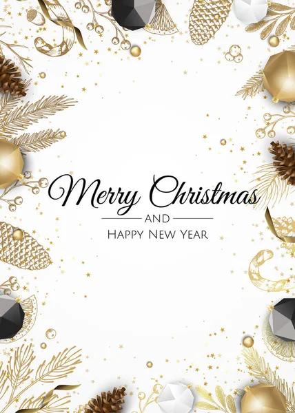 メリークリスマス・フレームクリスマスツリーの装飾、松の枝、ボールとクリスマスグリーティングカード. — ストックベクタ