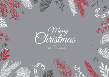 Kış bitkileriyle Noel çerçevesi. Botanik illüstrasyon.