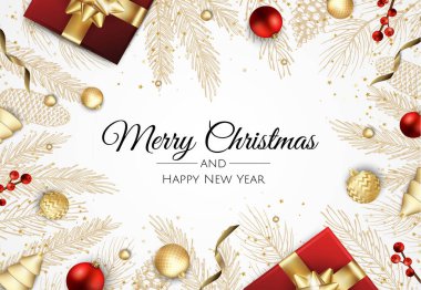 Noel afişi. Arkaplanda hediye kutusu, kar tanesi ve konfeti olan Xmas tasarımı. Yatay Noel posteri, tebrik kartları, başlıklar, web sitesi.