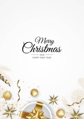 Noel ağacı süslemeleri, çam dalları, kar tanesi ve konfeti içeren Noel tebrik kartı..