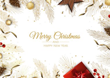 Noel ağacı süslemeleri, çam dalları, kar tanesi ve konfeti içeren Noel tebrik kartı..
